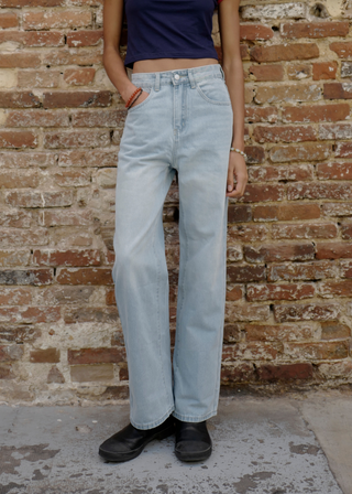 Low rise wide leg jeans in faded blue