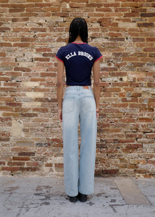 Low rise wide leg jeans in faded blue